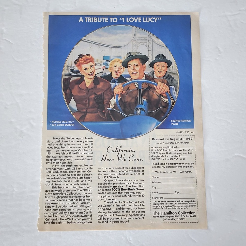 Vtg 1989 I Love Lucy Print Ad Lucille Ball Desi Arnaz Hamilton Collection 8x10